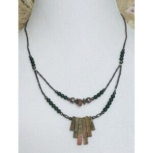 Handcrafted Unakite Jasper Pendant Necklace Green Stone Beads Silver Tone 18”
